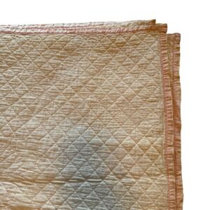 Vintage Hand Quilted Wholecloth Floral Medallion Cream Quilt Pink Satin Trim